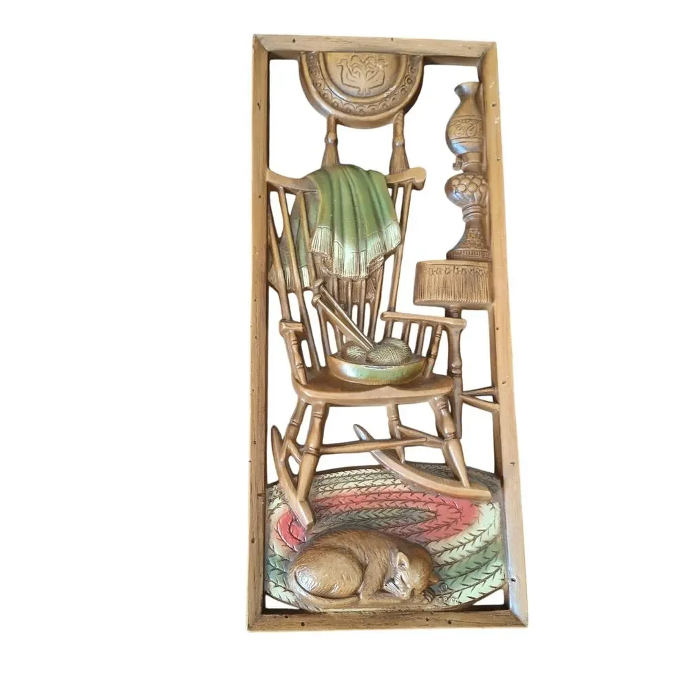VTG Burwood Products 9208 Wall Plaque 3D Rocking Chair Sleeping Cat Knit Decor